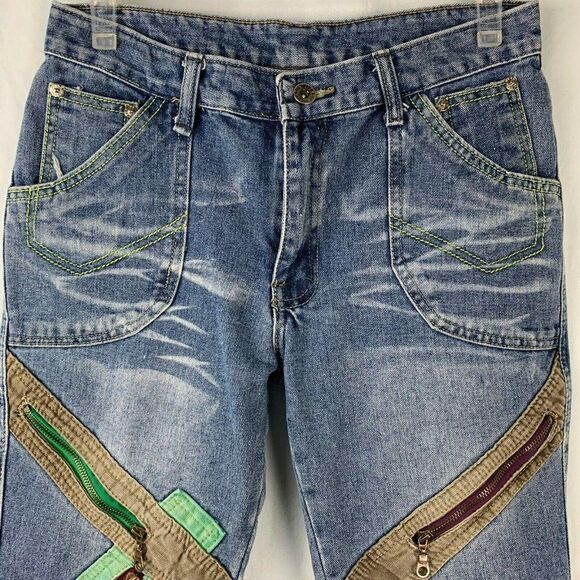 Wear Jeans 28 Med Wash Capri 6 Pocket Zipper Cuffed Color Blocked Button Zip Fly - Picture 3 of 10